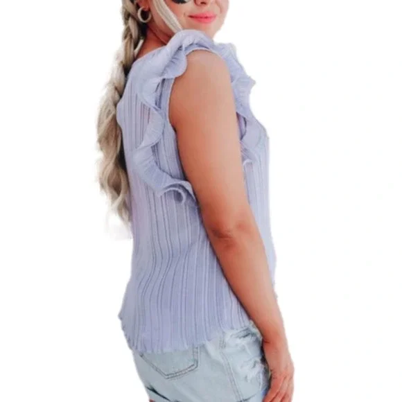 NWT She + Sky Pleated Chiffon Blouse Small Blue Flutter Sleeve Top - Picture 3 of 4